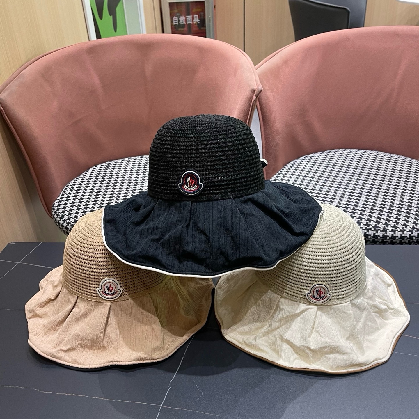 MONCLER（蒙口）夏季大檐蝴蝶结渔夫帽女防紫外线防晒遮阳帽优雅百搭盆帽