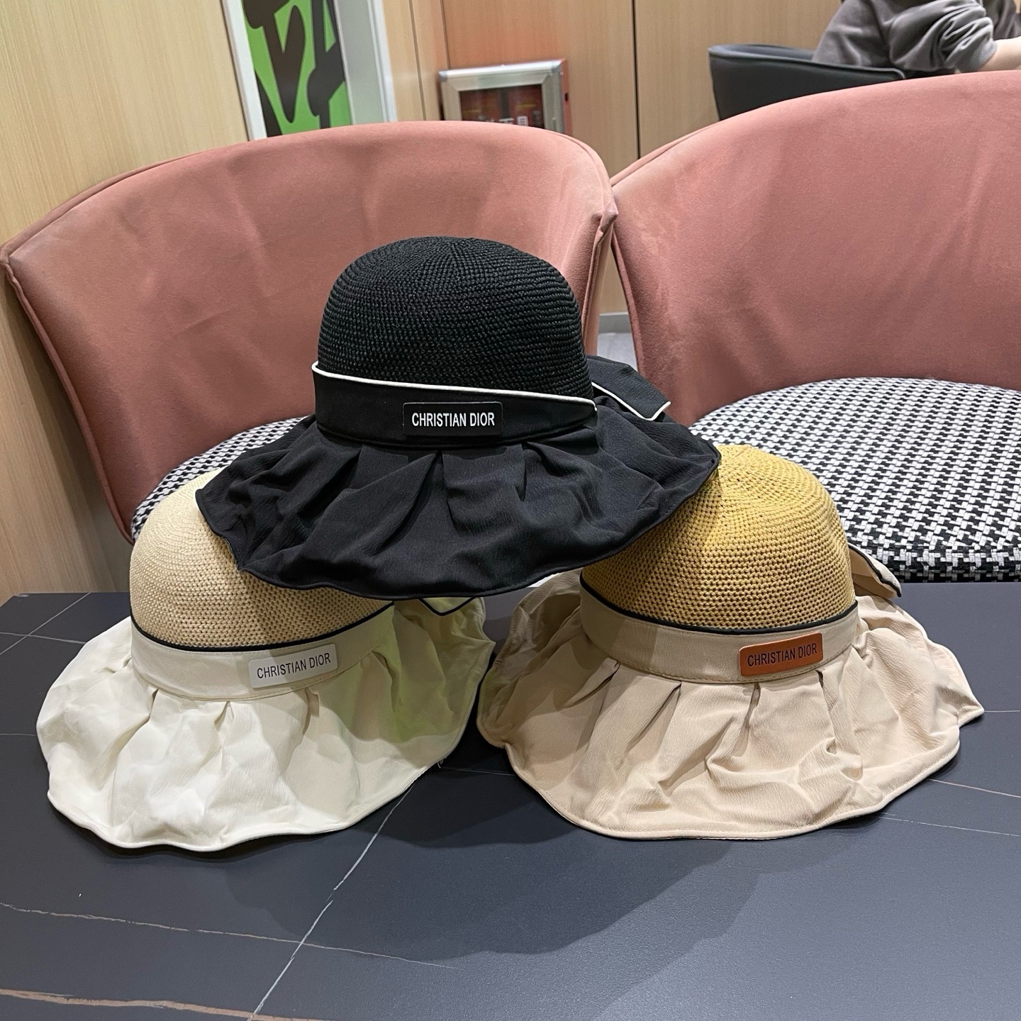Dior迪奥 夏季帽子女大帽檐遮阳防晒防紫外线渔夫帽遮脸黑胶太阳帽户外骑行