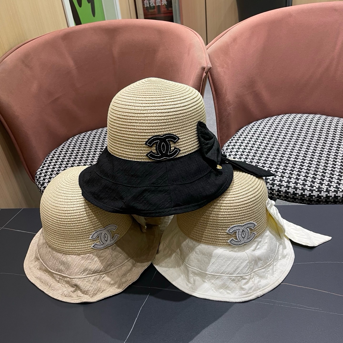 CHANEL香奈儿 春夏新款百搭渔夫帽子女针织蝴蝶结太阳帽遮阳防晒草帽潮