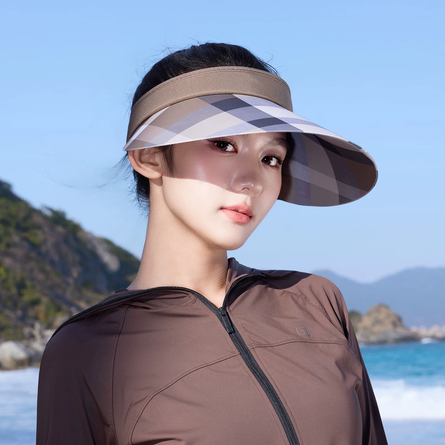 巴宝莉BURBERRY 韩系格子太阳帽女夏季出游大檐防晒遮阳帽骑行休闲百搭树叶空顶帽