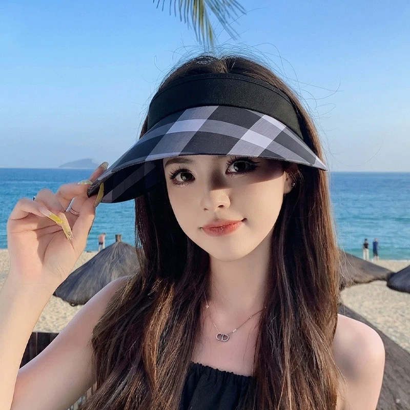 巴宝莉BURBERRY 韩系格子太阳帽女夏季出游大檐防晒遮阳帽骑行休闲百搭树叶空顶帽