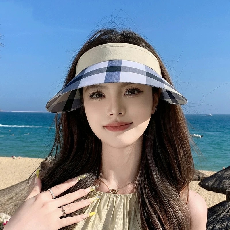 巴宝莉BURBERRY 韩系格子太阳帽女夏季出游大檐防晒遮阳帽骑行休闲百搭树叶空顶帽