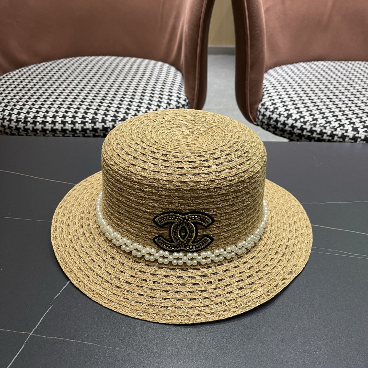 Chanel香奈儿镂空带珍珠遮阳帽草帽，头围57cm，出街必备