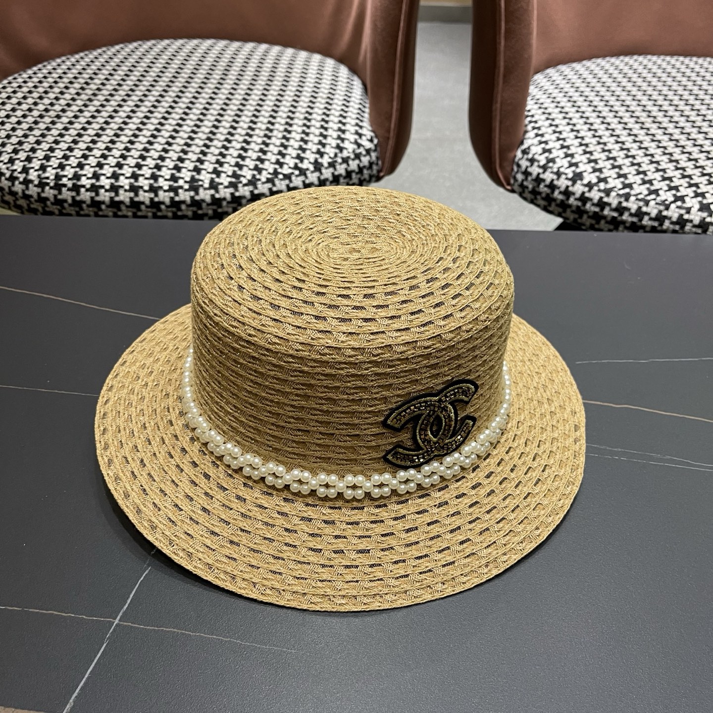 Chanel香奈儿镂空带珍珠遮阳帽草帽，头围57cm，出街必备