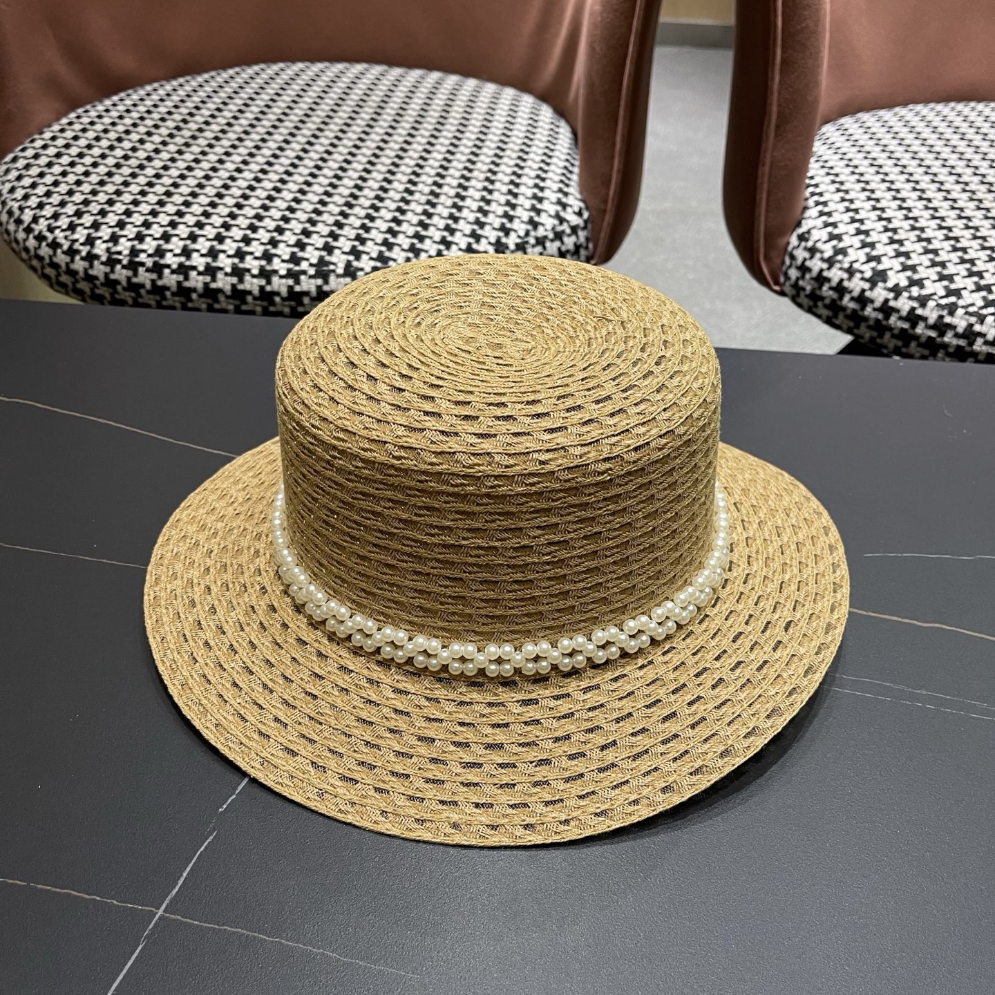 Chanel香奈儿镂空带珍珠遮阳帽草帽，头围57cm，出街必备