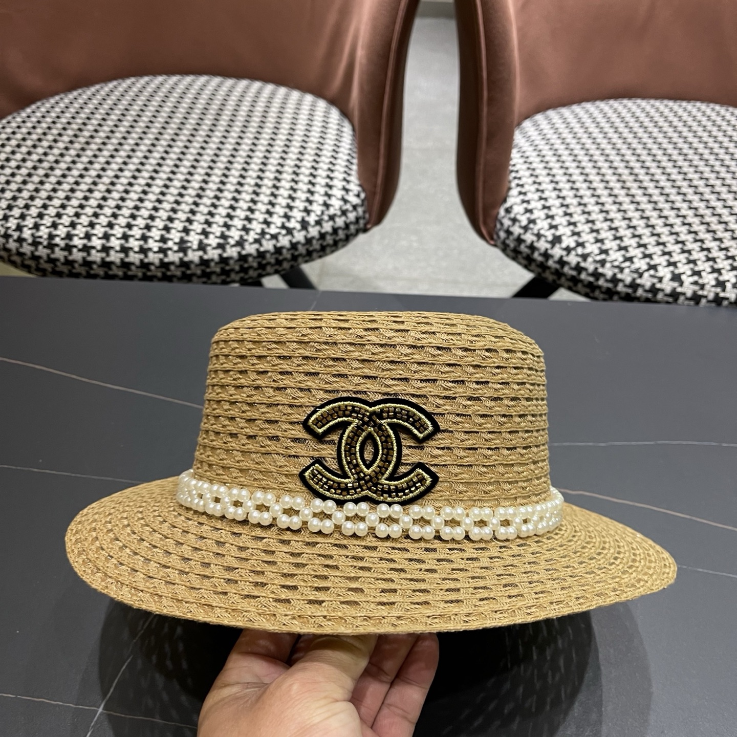 Chanel香奈儿镂空带珍珠遮阳帽草帽，头围57cm，出街必备