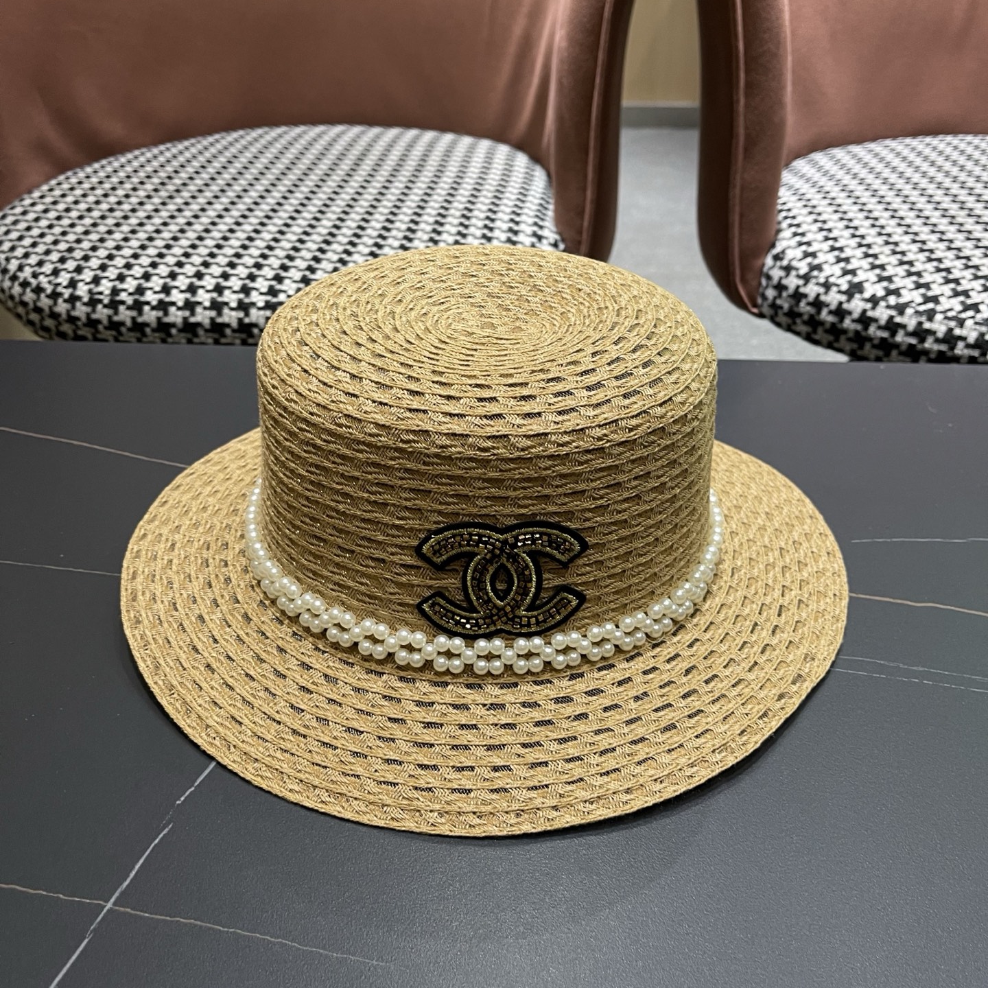 Chanel香奈儿镂空带珍珠遮阳帽草帽，头围57cm，出街必备