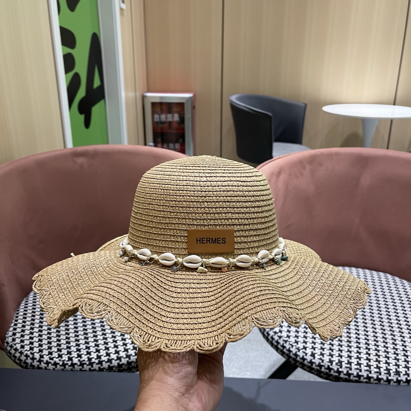 HERMES爱马仕 春夏季节新款草帽韩版小清新贝壳夏天沙滩凉帽波浪边甜美遮阳