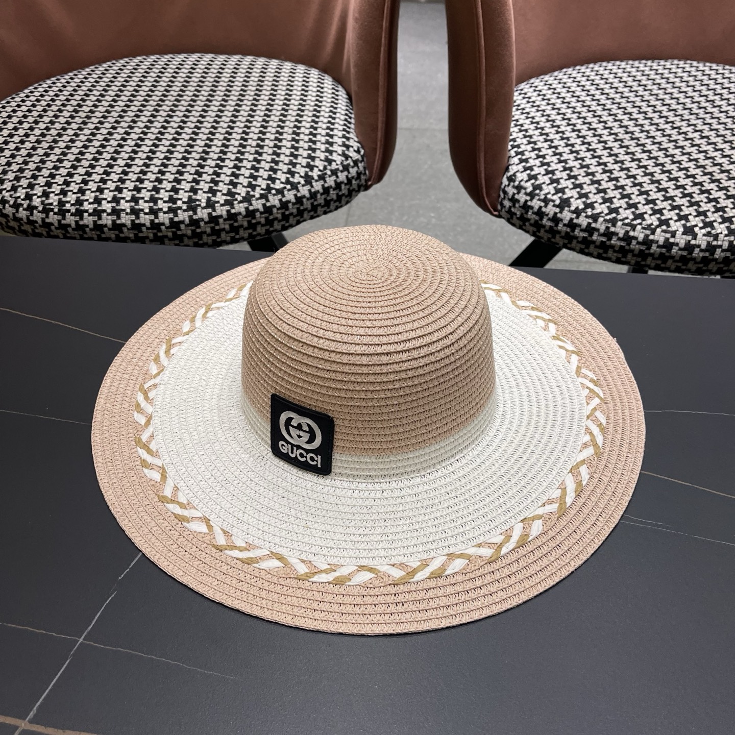 Gucci 古奇大帽沙滩拼色防晒大草帽，超重工定制，出街必备
