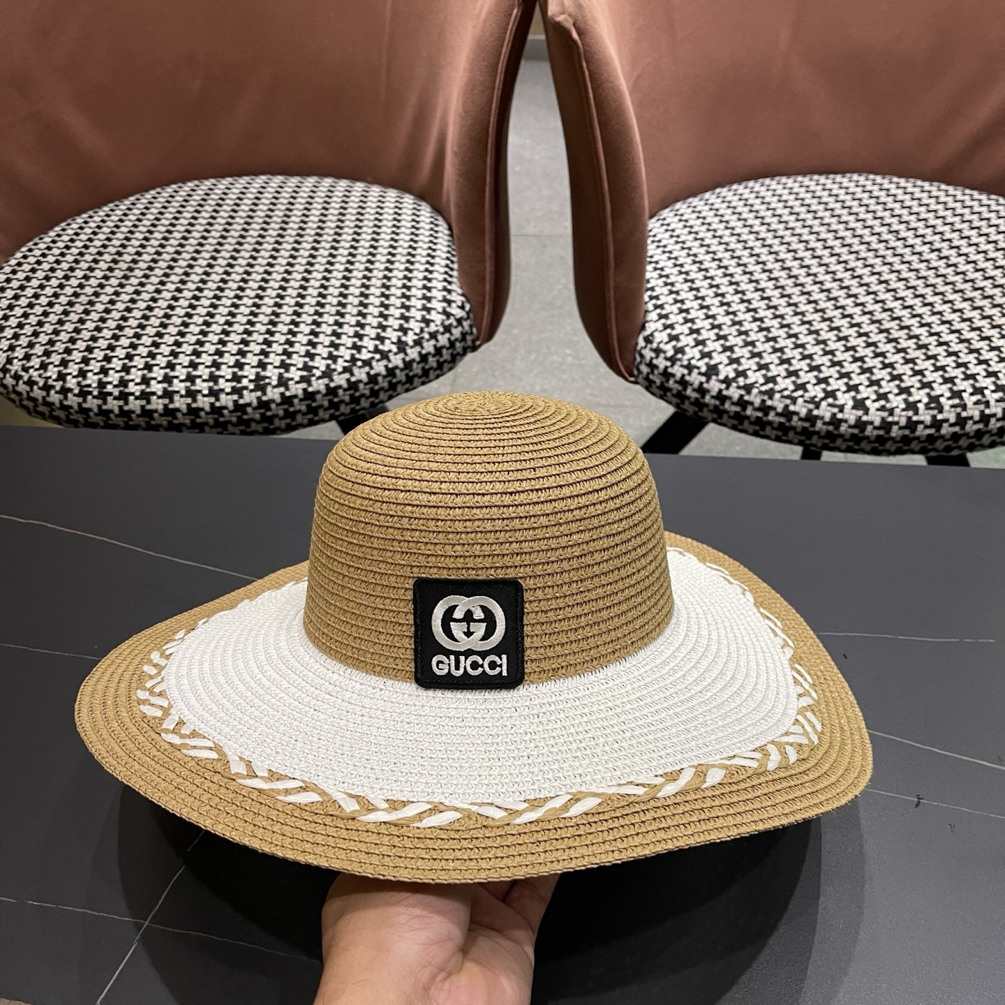 Gucci 古奇大帽沙滩拼色防晒大草帽，超重工定制，出街必备