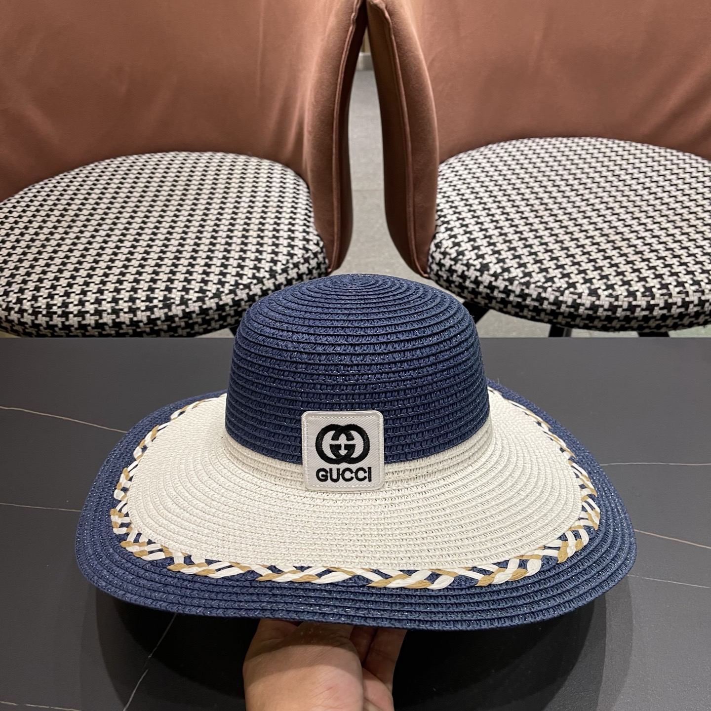 Gucci 古奇大帽沙滩拼色防晒大草帽，超重工定制，出街必备
