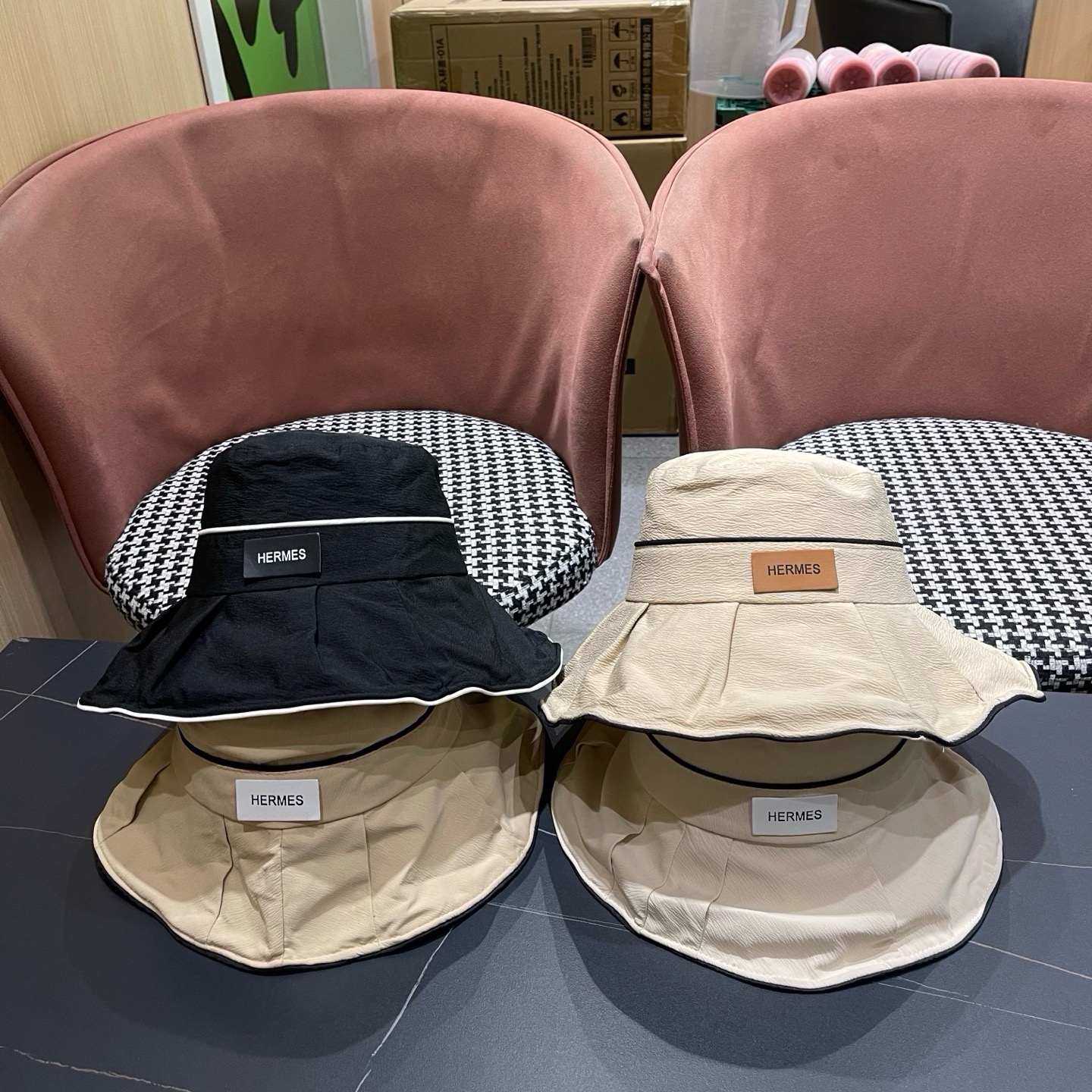 HERMES爱马仕韩版夏季新款帽子女百渔夫帽黑胶防晒遮阳帽折叠太阳帽潮