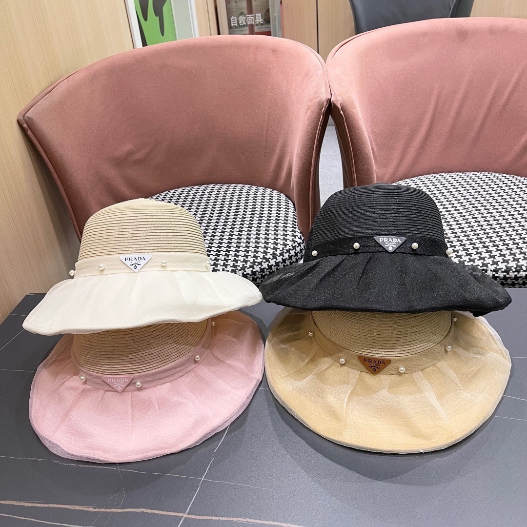 PRADA 普拉达 2026年新款布草拼接草帽女春夏Uv防紫外线渔夫帽可折叠大沿防晒帽