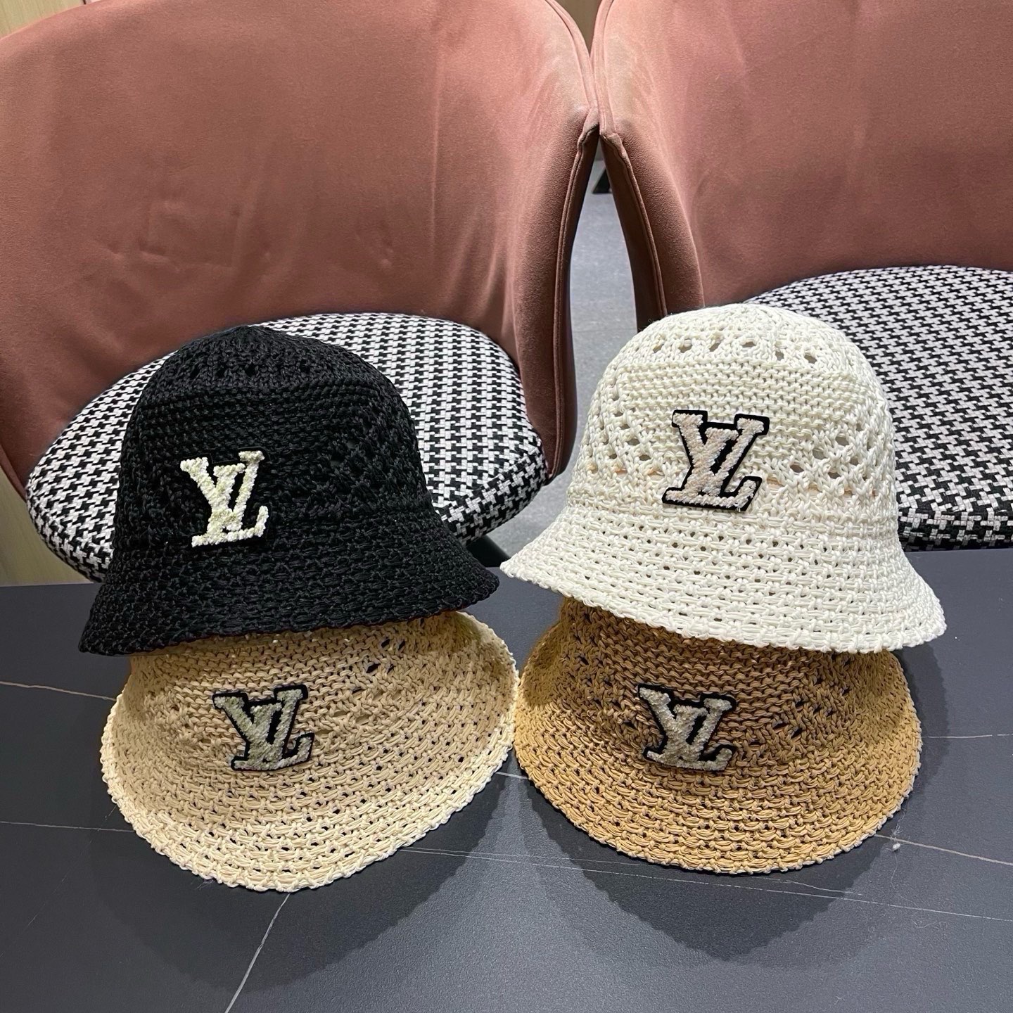 LV路易威登 韩国镂空编织水桶帽渔夫帽女夏季透气针织菱形钩花防晒遮阳盆帽子