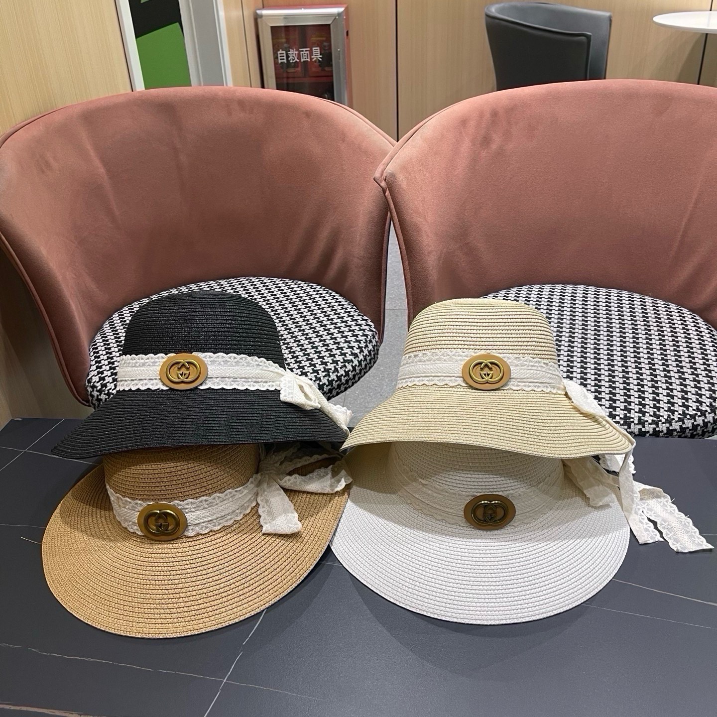 GUCCI 古奇 法式度假风蕾丝蝴蝶结草帽女春夏新款海边沙滩帽遮阳防晒帽子
