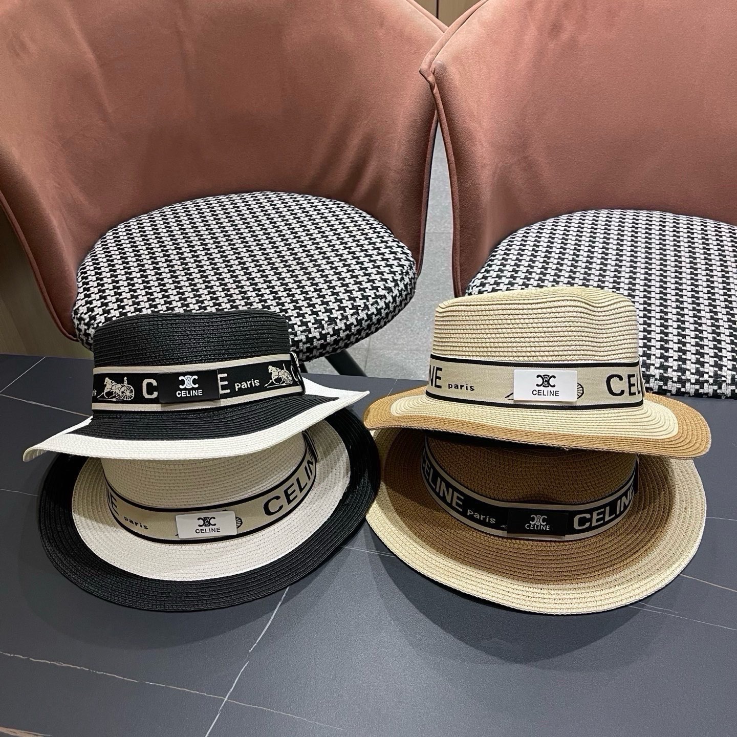 Celine 赛琳 法式名媛风平顶拼色礼帽女新款时尚草编防 晒遮阳帽子海边度假草帽