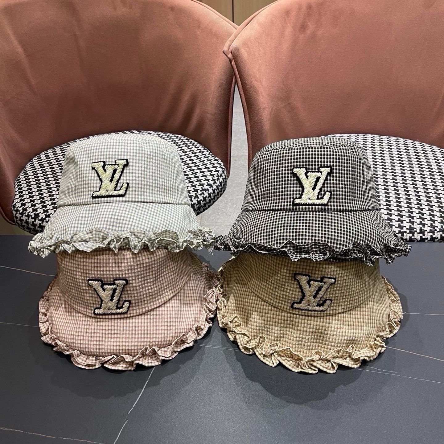 LV路易威登 韩版花边格纹渔夫帽子女春秋季时尚显脸小盆帽 户外出游防晒遮阳帽