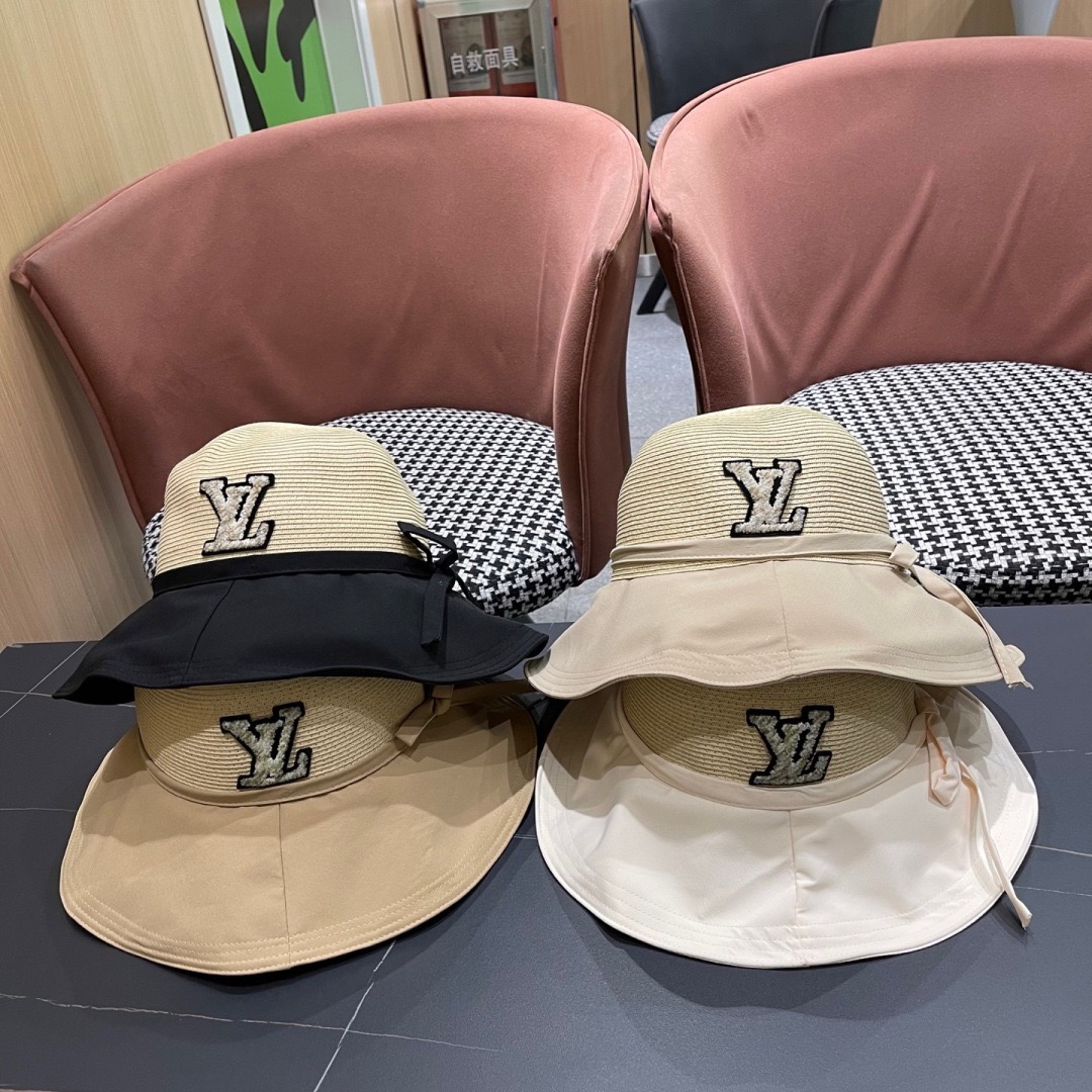 Lv路易威登 2026新款韩版蝴蝶结系带渔夫帽子女出游草编遮阳 帽显脸小防晒盆帽
