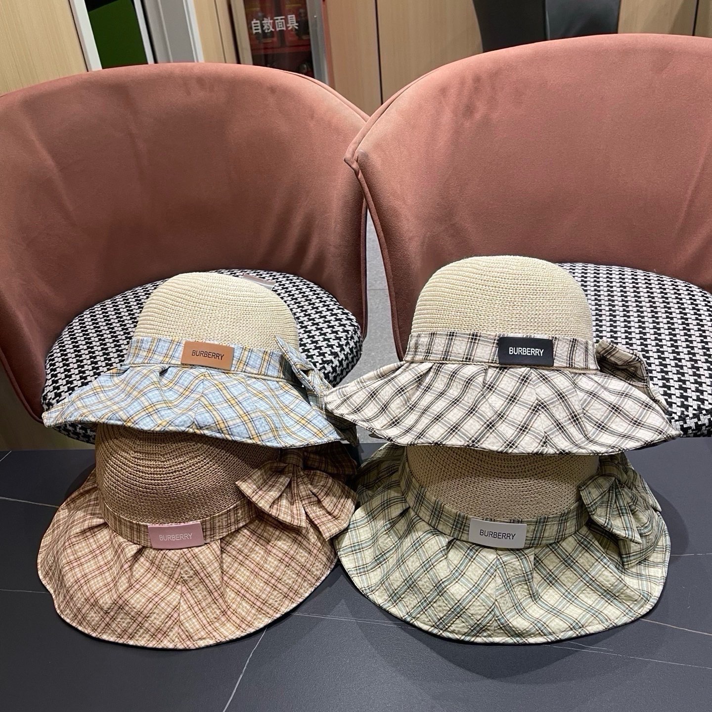 Burberry巴宝莉 遮阳帽女夏季文艺风格纹蝴蝶结休闲 渔夫帽可折叠大檐帽出游穿搭