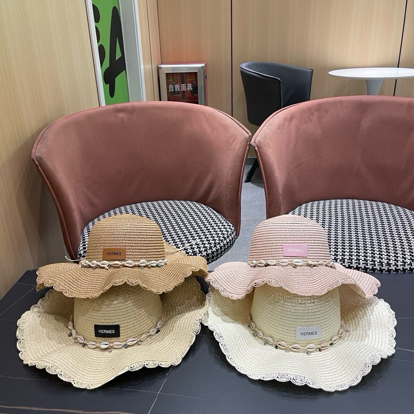 HERMES爱马仕 春夏季节新款草帽韩版小清新贝壳夏天沙滩凉帽波浪边甜美遮阳