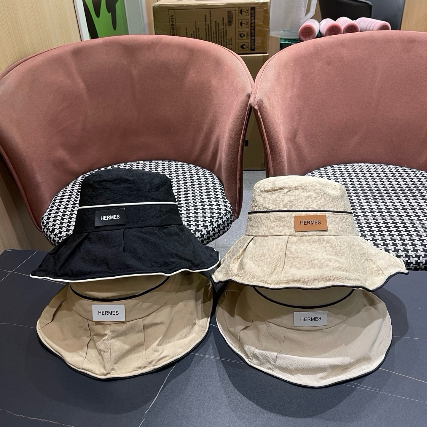 HERMES爱马仕韩版夏季新款帽子女百渔夫帽黑胶防晒遮阳帽折叠太阳帽潮