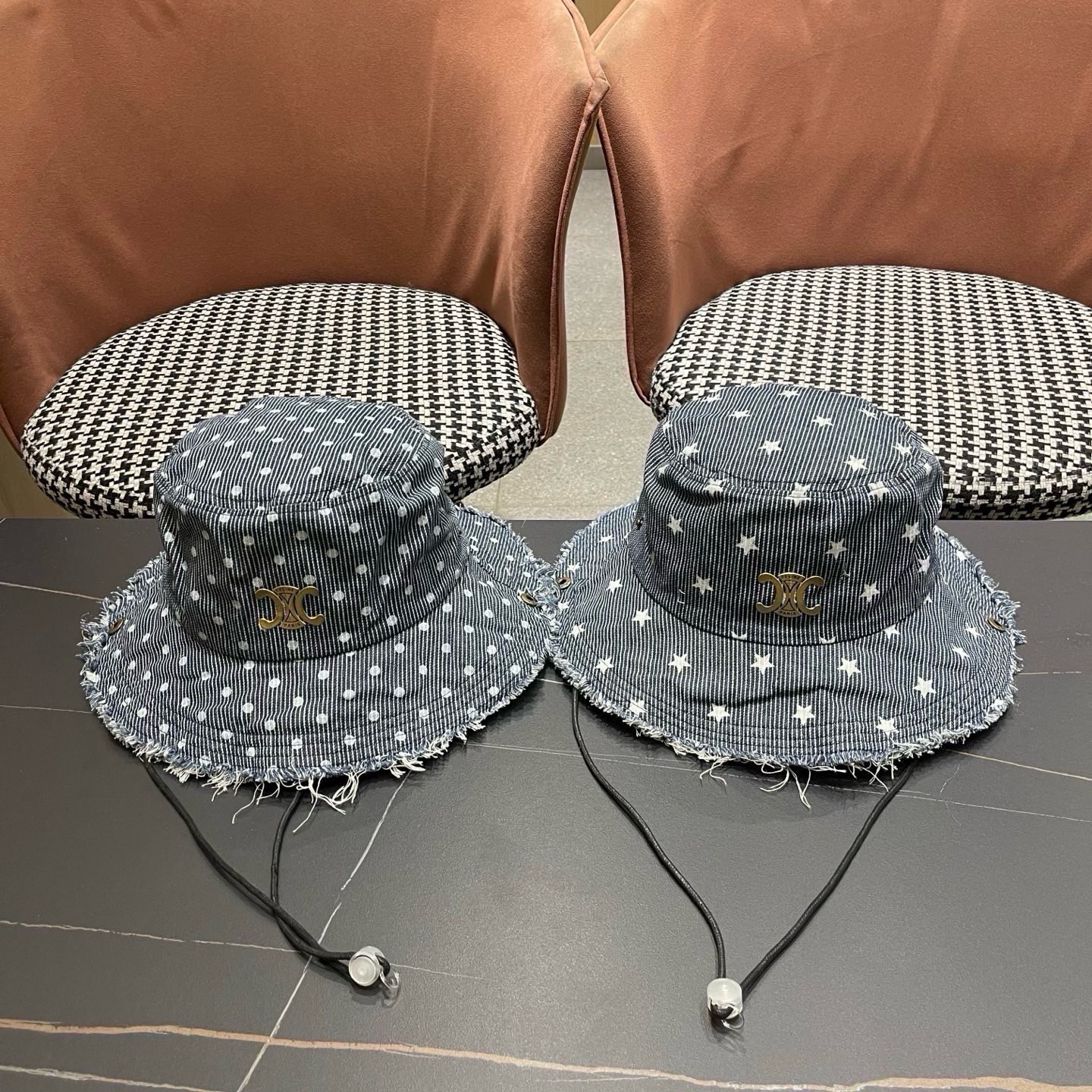 Celine 赛琳 星星条纹牛仔渔夫帽女春夏大帽檐系带显脸 小盆帽户外徒步登山帽子