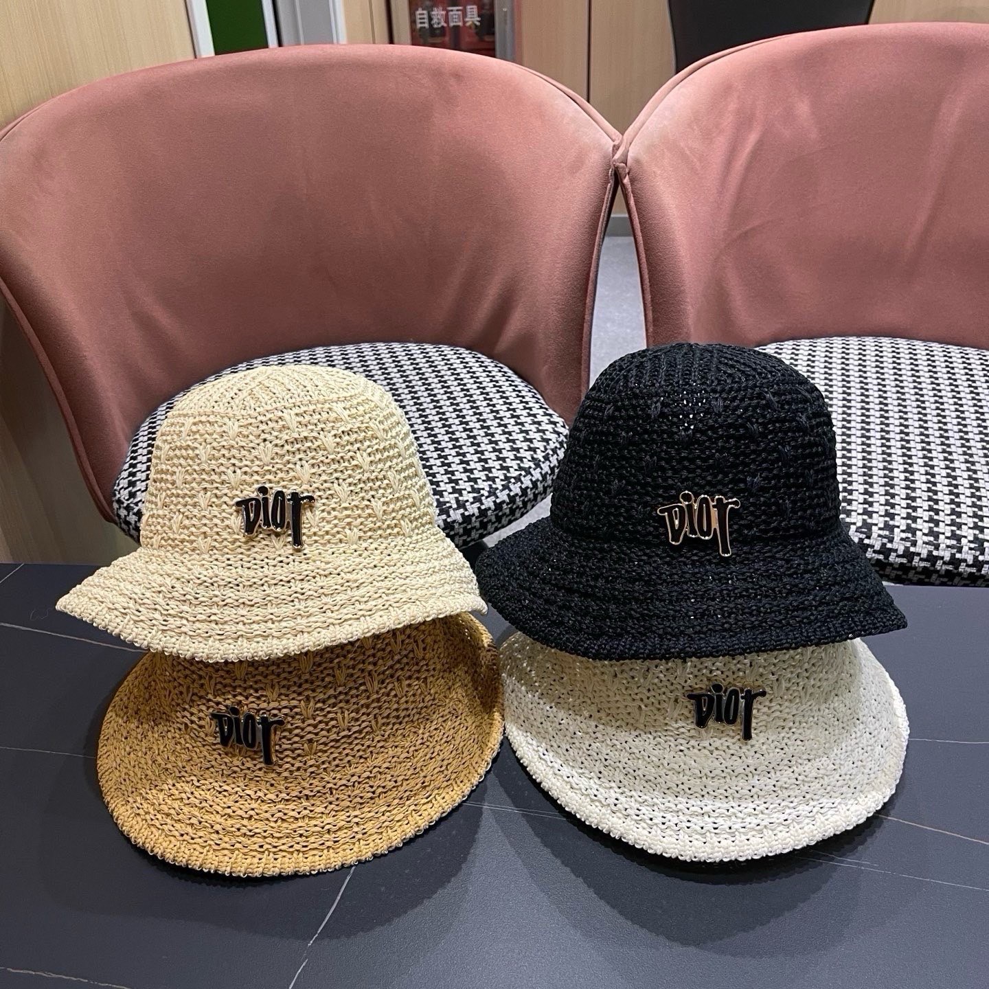 DIOR Yellow Hollow Knit Bucket Hat With Dior Lette