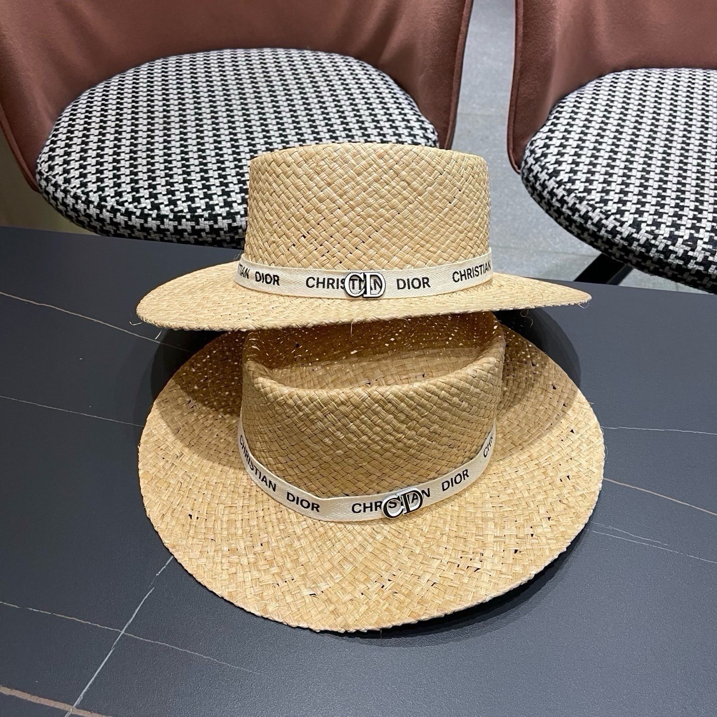 DIOR Raffia Flat Top Hat With Christian Dior Ribbo