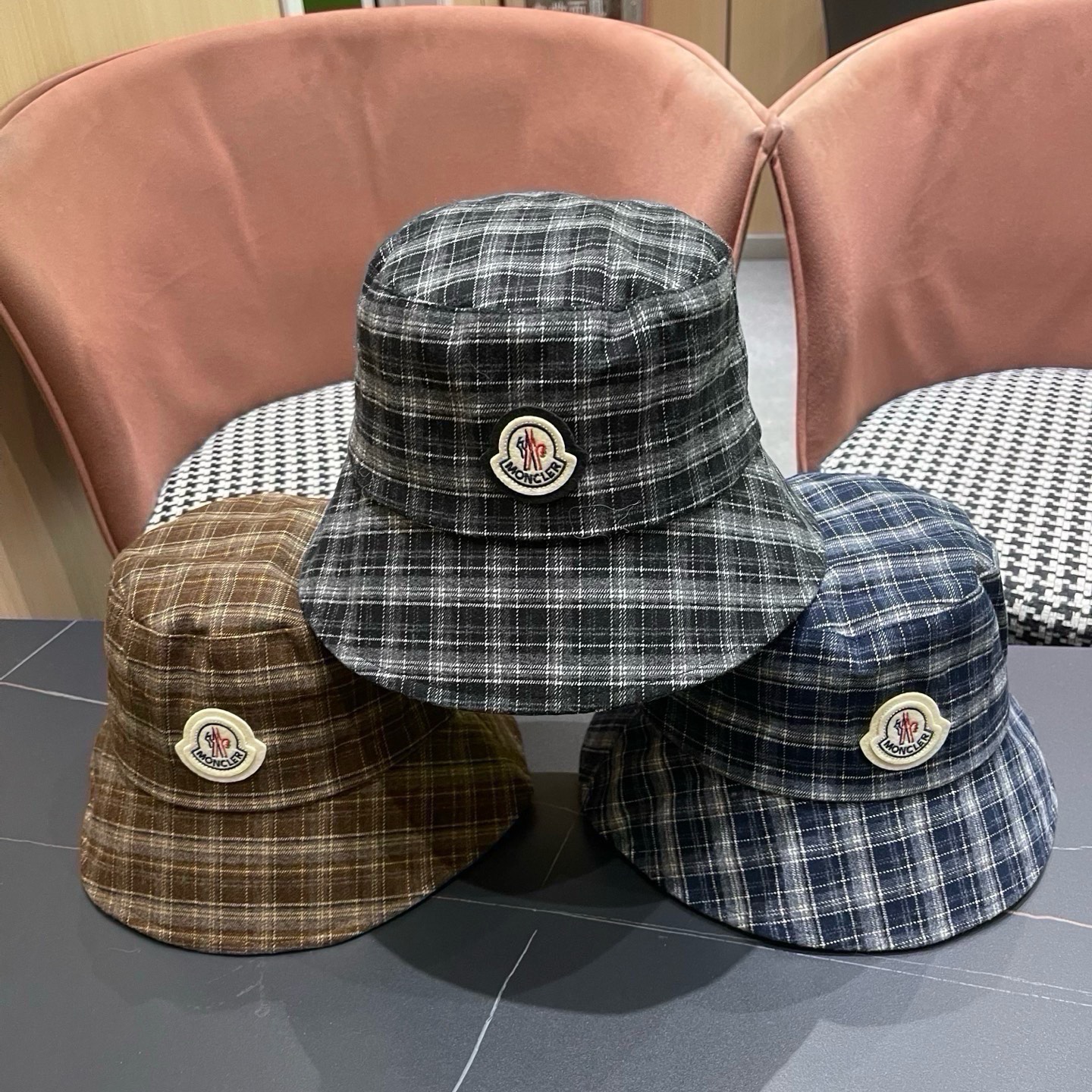 MONCLER（蒙口）日系复古格纹渔夫帽子女春秋季品脸小休闲百搭 文艺水桶帽盆帽潮流