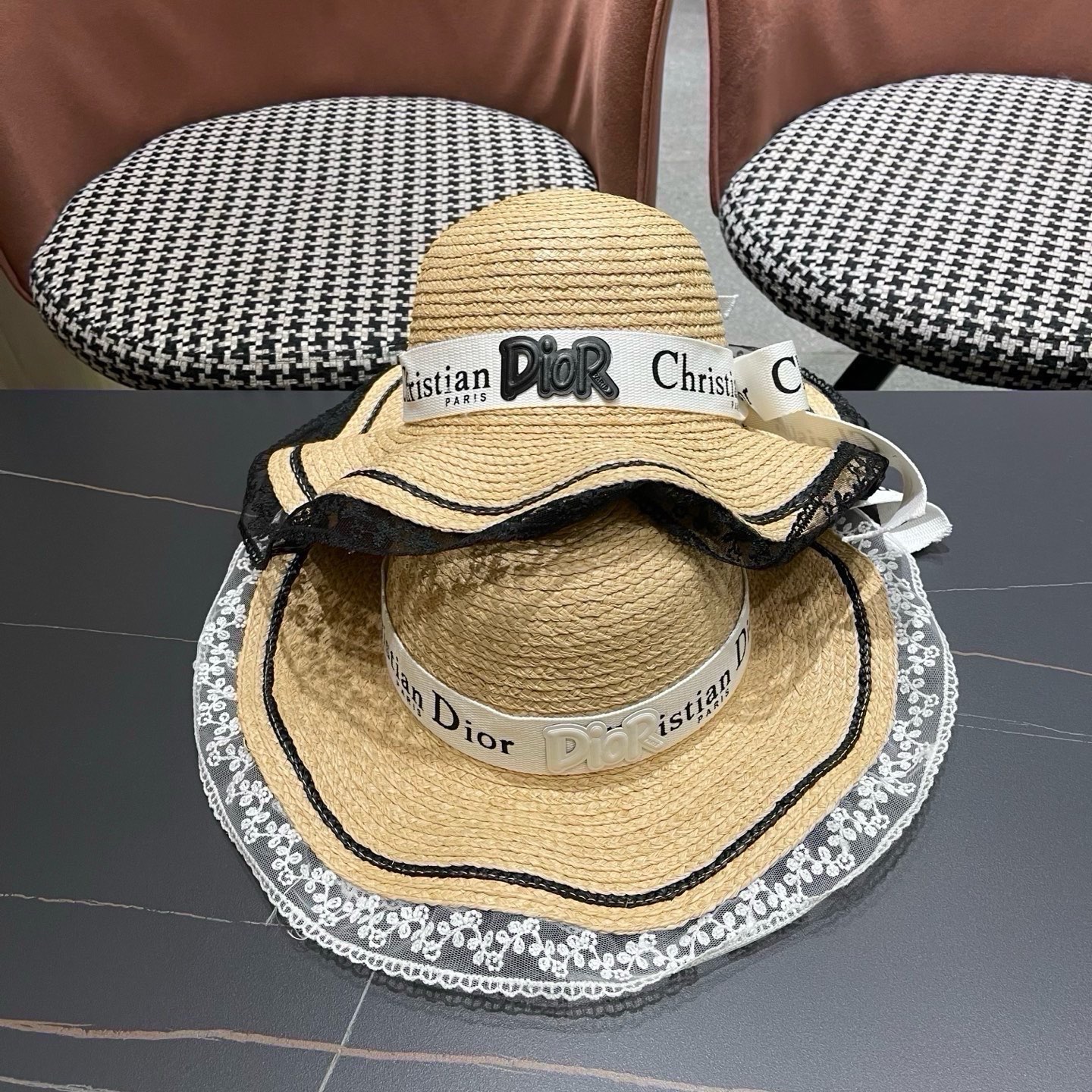 迪奥Dior 夏季大檐防晒帽波浪丝蕾边蝴蝶结女士沙滩遮阳帽户外拉菲草帽百搭韩版