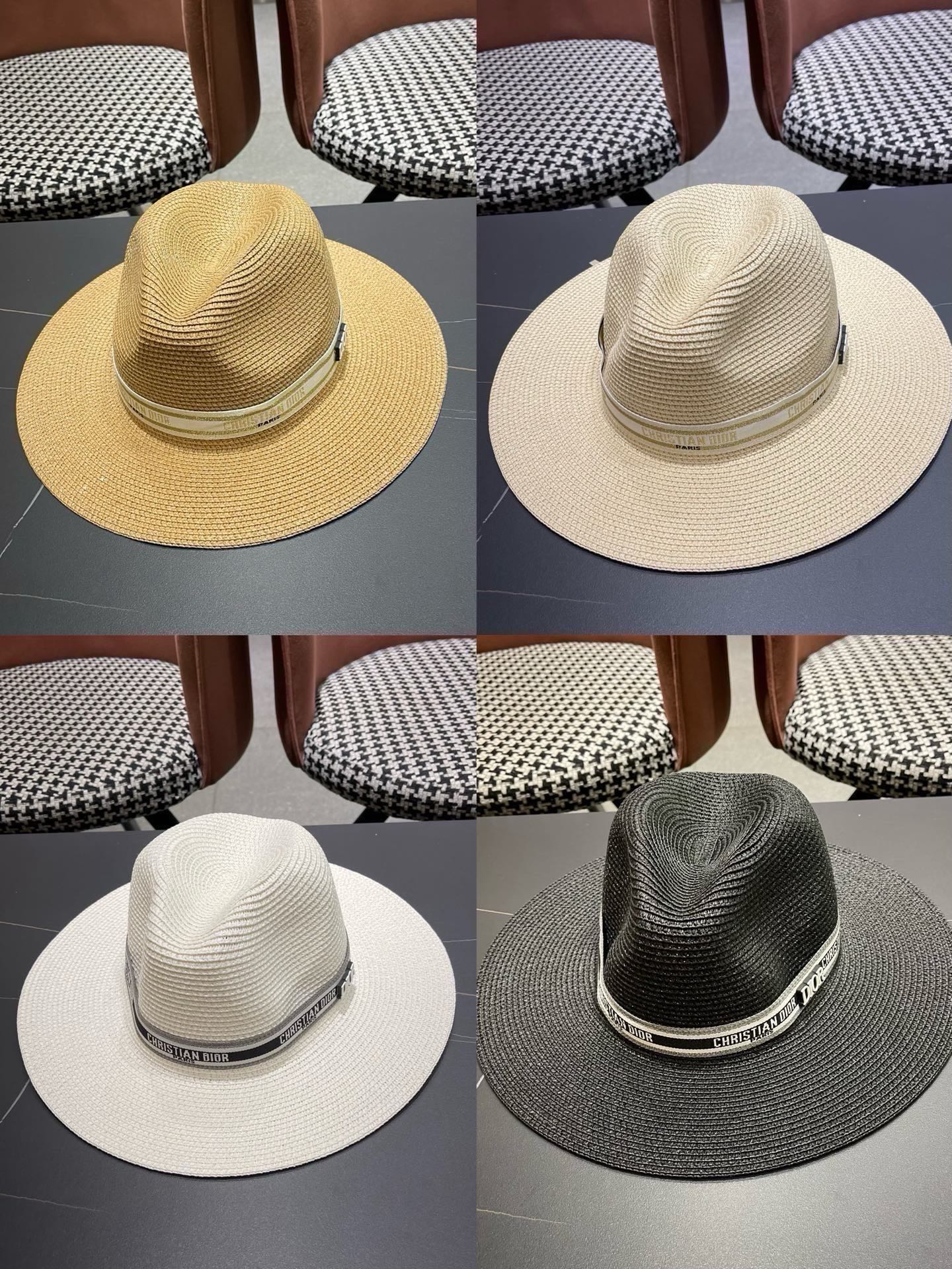 DIOR Letter Ribbon Wide Brim Straw Fedora Hat