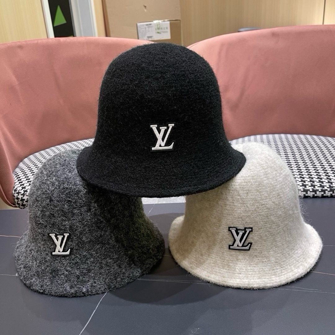 Lv路易威登 网红款渔夫帽子女秋冬韩版百搭洋气 羊毛呢 新款潮冬天毛线盆