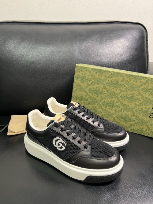 Gucci Men's Black Leather and Mesh Lace-Up Sneakers with GG Logo