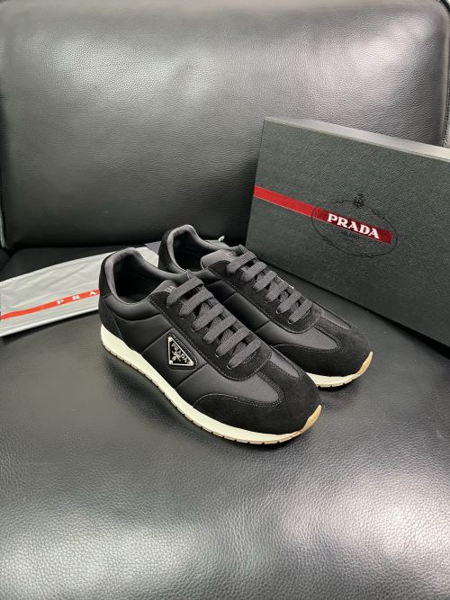 Prada Men's Black Leather and Suede Low-Top Sneakers, Size 39-44