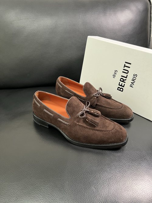 Berluti Paris Men's Brown Suede Leather Tassel Loafers Dress Shoes