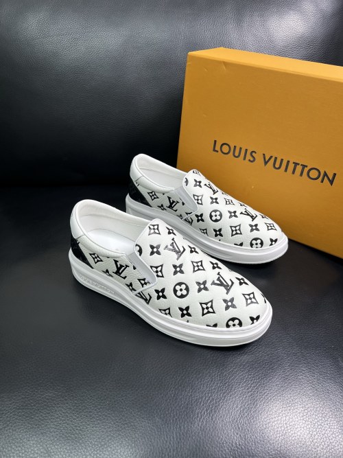 Louis Vuitton Men's White Leather Slip-On Sneakers with Monogram Print 1 Louis Vuitton Men's White Leather Slip-On Sneakers with Monogram Print