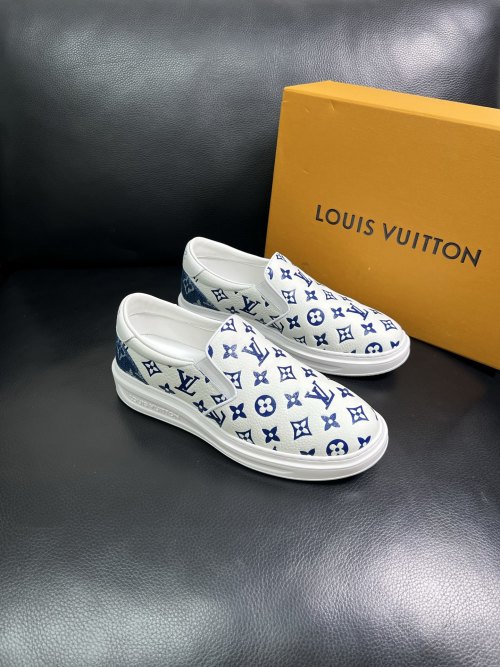 Louis Vuitton Men's White Leather Slip-On Sneakers with Blue Monogram 1 Louis Vuitton Men's White Leather Slip-On Sneakers with Blue Monogram