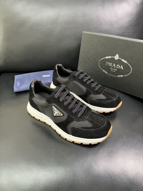 Prada Men's Black Leather and Suede Lace-Up Sneakers