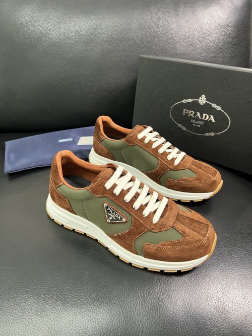 Prada Men's Brown & Green Leather Sneakers with White Laces 1 Prada Men's Brown & Green Leather Sneakers with White Laces