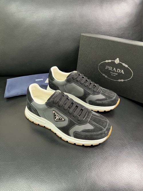 Prada Men's Black Leather Sneakers Lace-Up Comfortable Casual Shoes