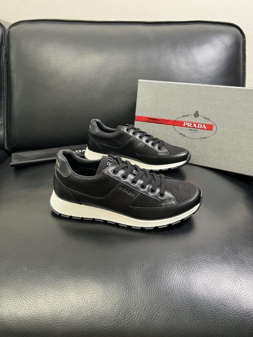 Prada Men's Black Leather and Mesh Lace-Up Sneakers - Comfortable and Stylish 1 Prada Men's Black Leather and Mesh Lace-Up Sneakers - Comfortable and Stylish