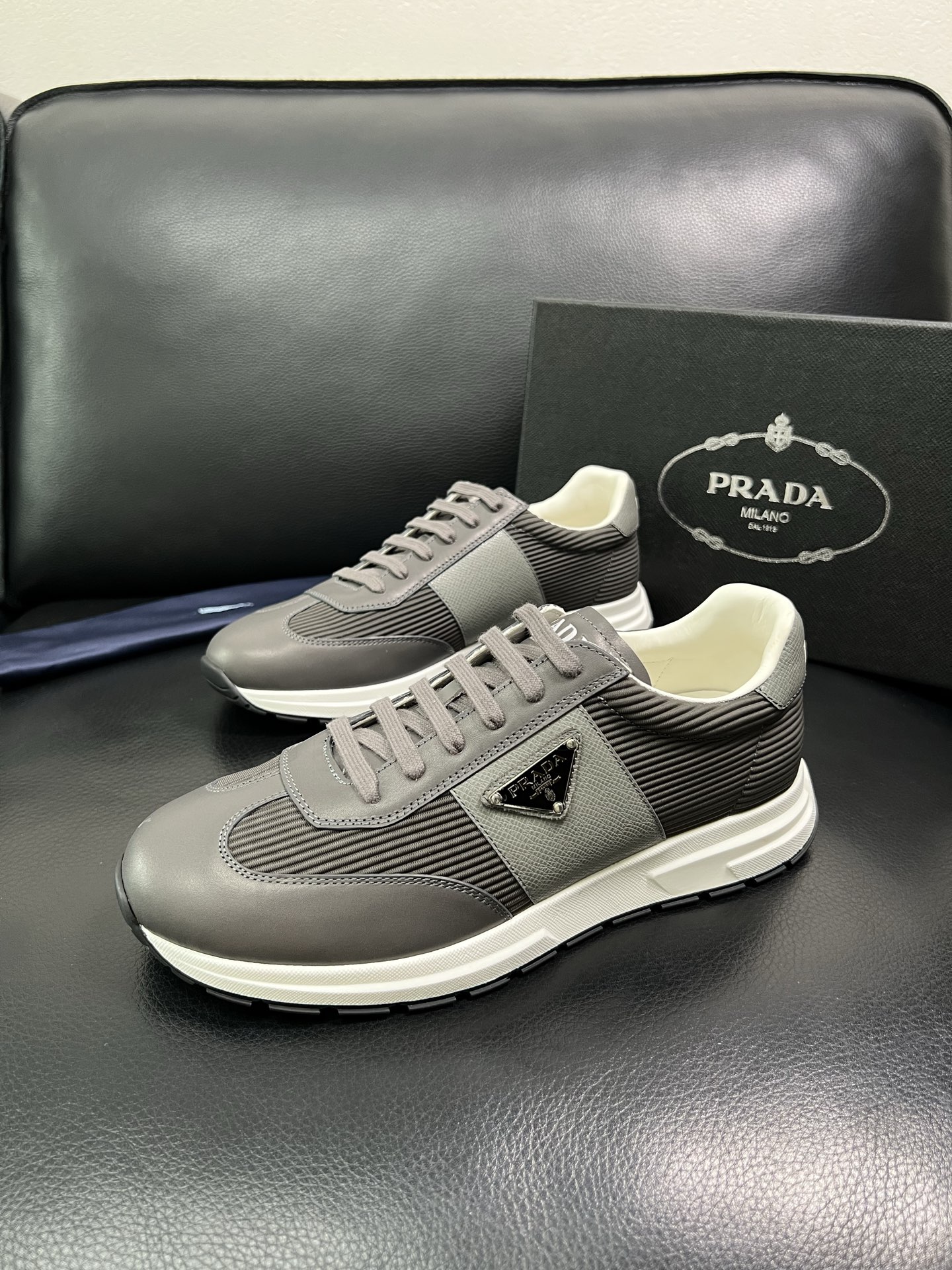Prada Men's Leather Sneakers Gray Low Top Lace-Up Casual Shoes Size 38-44 3 i1758450516465 8405 0 1