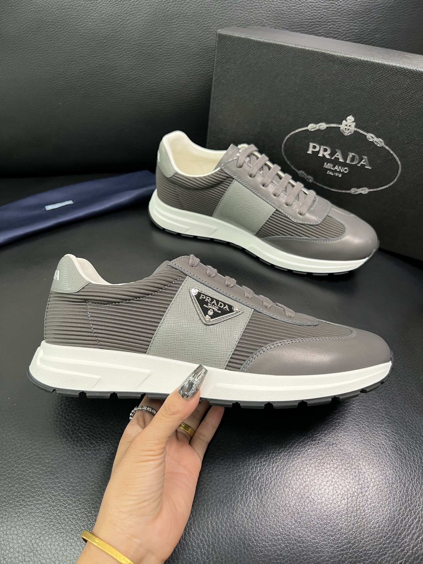 Prada Men's Leather Sneakers Gray Low Top Lace-Up Casual Shoes Size 38-44 5 i1758450516501 7965 0 3