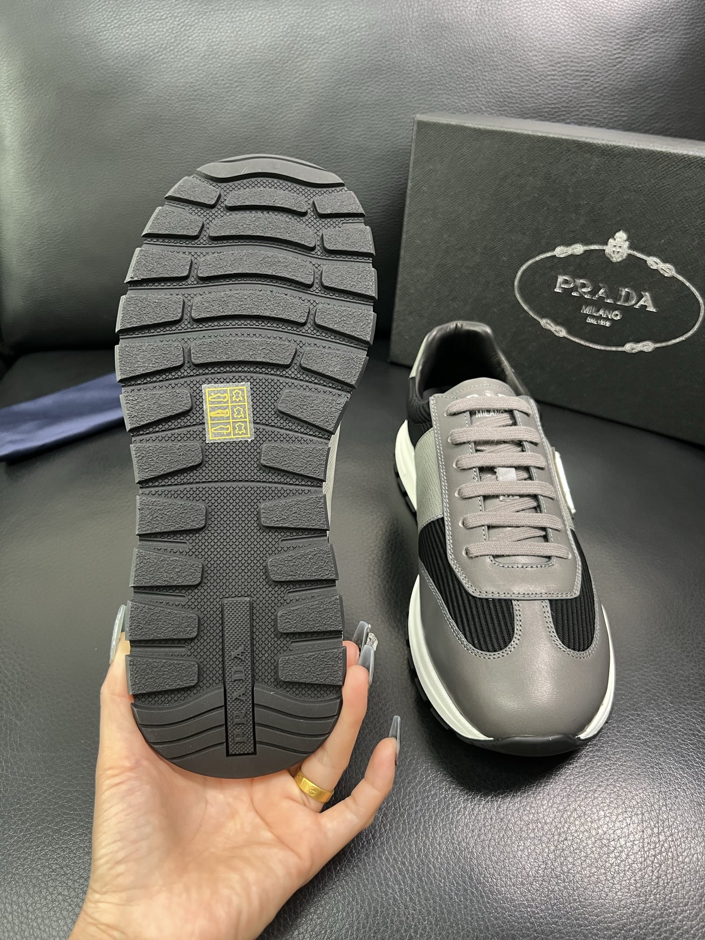 Prada Men's Leather Sneakers Lace-Up, Gray/Black, Size 38-44 10 i1758450557905 8024 0 8