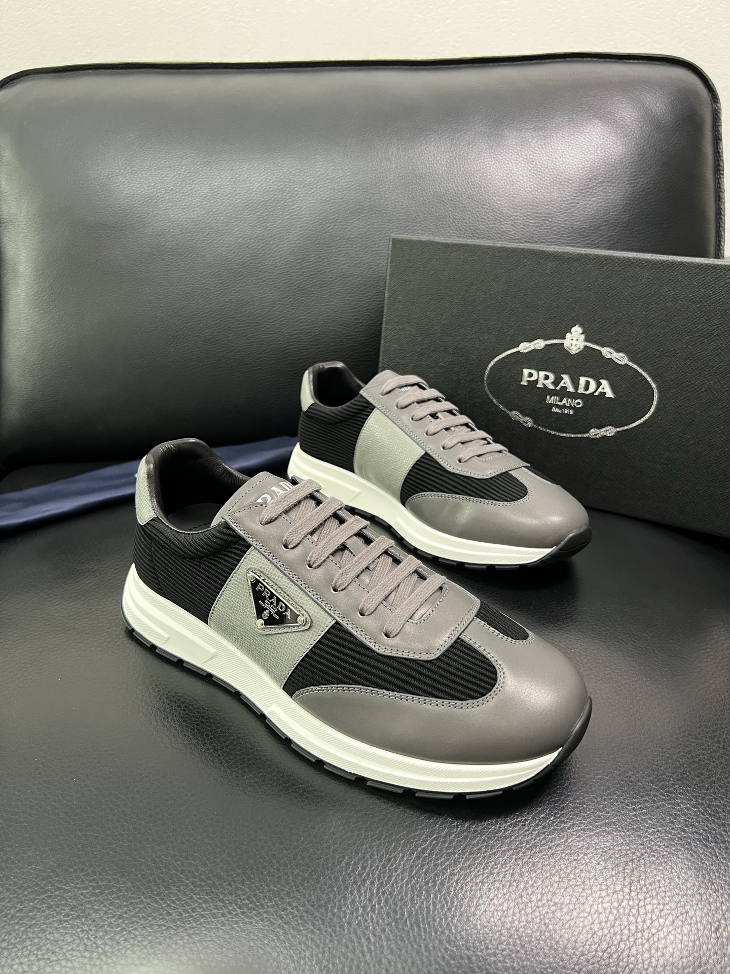 Prada Men's Leather Sneakers Lace-Up, Gray/Black, Size 38-44 2 i1758450557950 5272 0 0