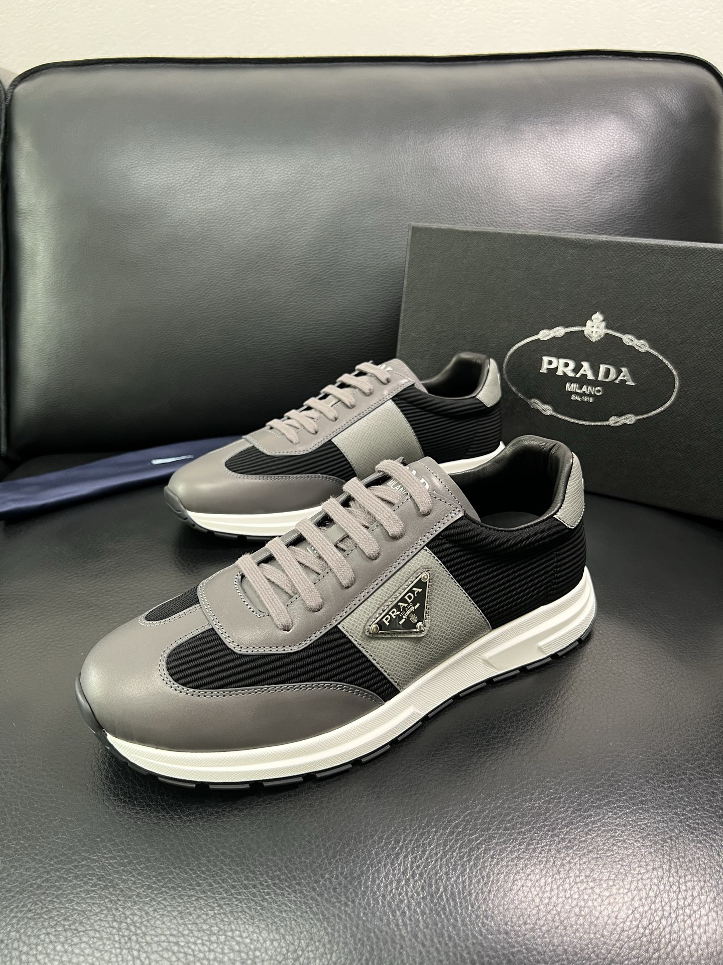Prada Men's Leather Sneakers Lace-Up, Gray/Black, Size 38-44 3 i1758450557954 2044 0 1