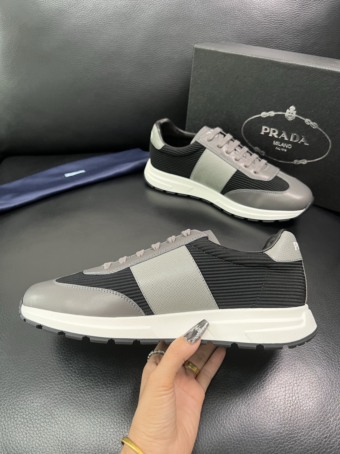 Prada Men's Leather Sneakers Lace-Up, Gray/Black, Size 38-44 6 i1758450559101 185 0 4