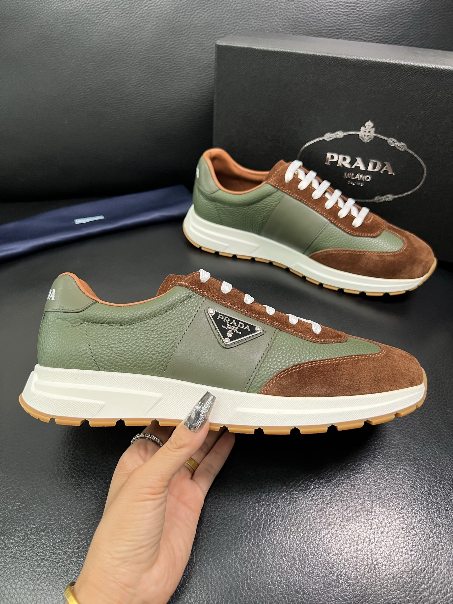 Prada Men's Leather Sneakers Brown/Green Lace-up Casual Shoes 5 i1758450859745 4476 0 3
