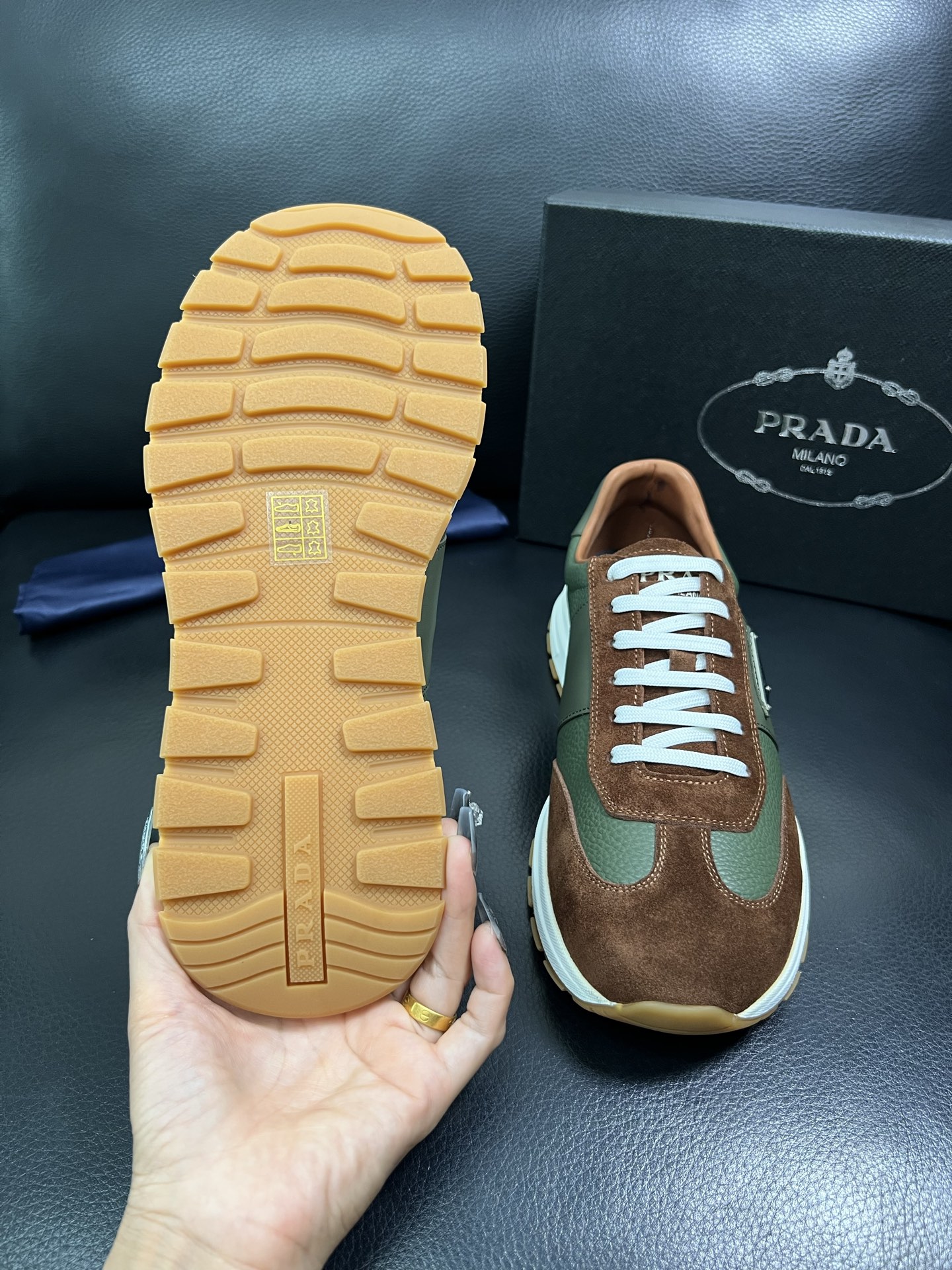 Prada Men's Leather Sneakers Brown/Green Lace-up Casual Shoes 10 i1758450859808 5490 0 8