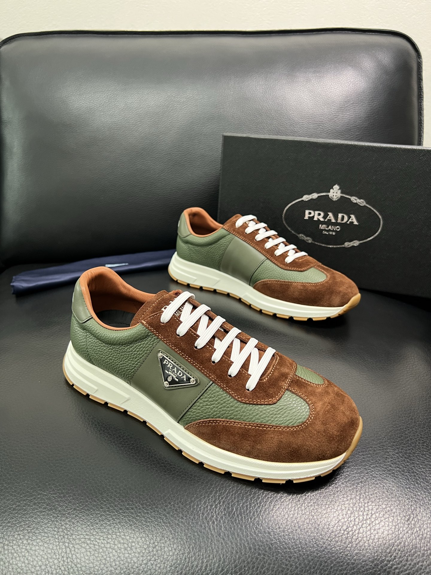 Prada Men's Leather Sneakers Brown/Green Lace-up Casual Shoes 2 i1758450859965 1691 0 0